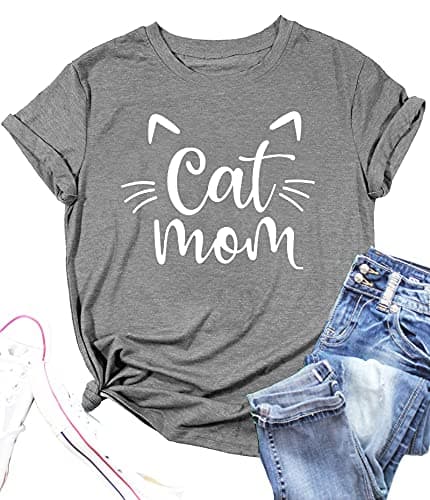Cat Mom Shirts for Women Cat Mama T-Shirts Pet Lover Gifts Shirts Funny Cat Graphic Tees Shirts (Grey2, Small)
