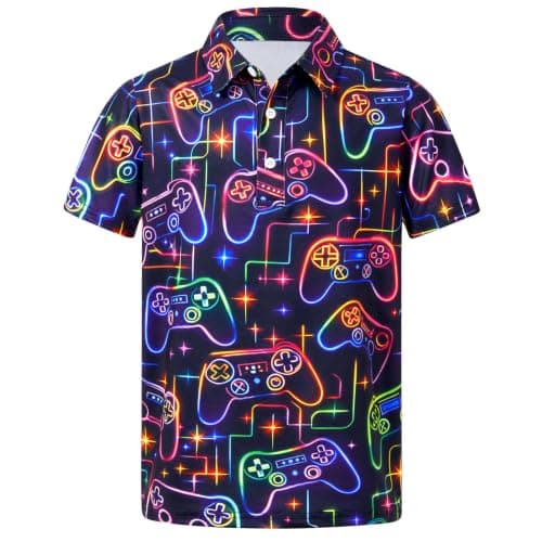 Cozople Boys Collared Polo Shirt, Neon Gaming Print