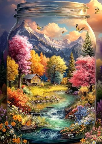 Puzzles for Adults 1000 Pieces, World in a Jar Fall Landscape Jigsaw Puzzle with Cabin River Butterfly, 1000 Piece Puzzle for Adults with Letters on Back, 20 x 28 Inch