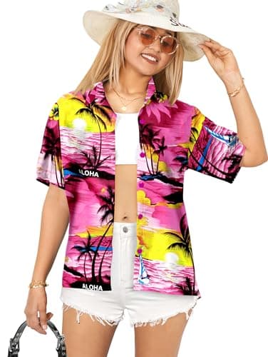 LA LEELA Women's Short Sleeve Hawaiian Blouse Shirt M Palm Island Pink