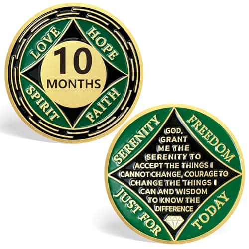 10 Month NA Medallions, Green 10 Months NA Coin Sobriety Chips - Love, Hope, Spirit, Faith Addiction Recovery Coins Sober Tokens for Narcotics Anonymous Recovery Sober Gifts