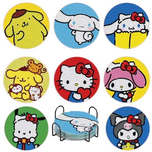 YSUNETER 8 PCS Cartoon Diamond Art Coasters Kits, DIY Drink Coasters Art Crafts Supplies for Adults, Non-Slip 3.9 inch
