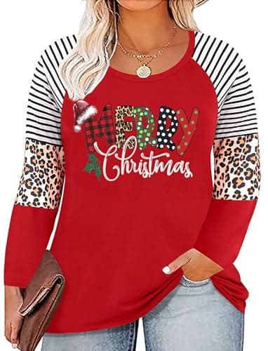 QAUN Plus Size Christmas Shirts Women Merry Christmas Shirts Christmas Lights Shirt Xmas Long Sleeve Tops(Red2,2XL)