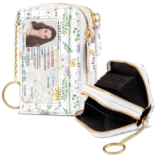 Simikol Credit Card Holder Glitter Shining Leather Small Cute Double Zipper Card Wallet for Women with Keychain,White Daisy