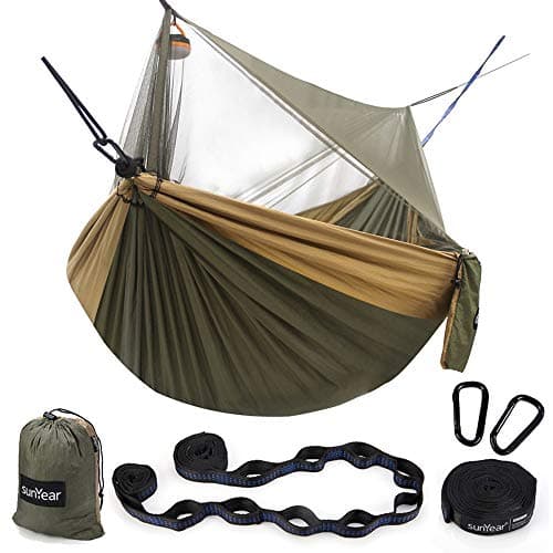 Sunyear Hammock Camping with Net/Netting, Portable Camping Hammock Double Tree Hammock Outdoor Indoor Backpacking Travel & Survival, 2 Tree Straps (16+1 Loops Each, 20Ft Total)