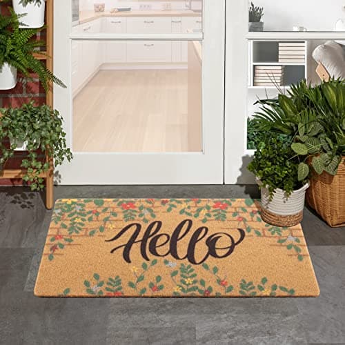 Carvapet Front Door Mat Floral 17x30 Doormat Coir Welcome Mat Hello