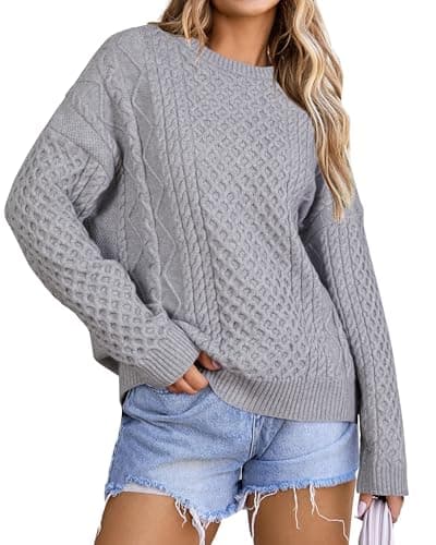 Arach&Cloz Womens Oversized Cozy Sweater 2026 Spring Winter Clothing Fashion Plus Size Tops Cable Knit Crewneck Wool Cashmere Long Sleeve Clothes Trendy Fisherman Pullover Light Grey S