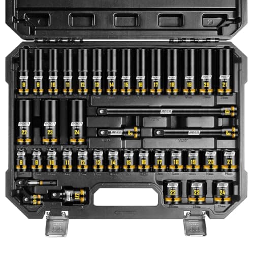 BOEN 40-Pieces 1/2" Drive Impact Socket Set, Metric (8-24mm) Deep & Shallow Socket, 6-Point Design, Yellow Embossed Marking, CR-MO Steel