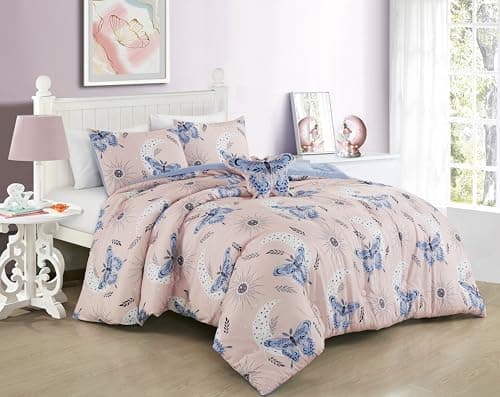 Chezmoi Collection 3-Piece Mystical Butterfly Kids Bedding Set Twin Size - Pink Lavender Blue White Soft Microfiber Comforter Set w/Butterfly Throw Pillow for Kids Teens