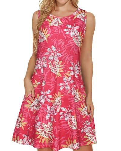 elescat Summer Dresses for Women Casual Beach Sleeveless Sundress Scoop Neck Swing Tank Dress with Pocket(Light Red Leaf, S)