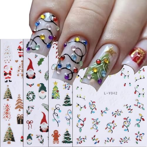 4 Sheets Christmas Nail Art Stickers Decals Christmas Tree Lights Santa Clause Nail Decals 3D Self-Adhesive Gingerbread Man Gnome Nail Stickers Winter Xmas Manicure Decorations for Women