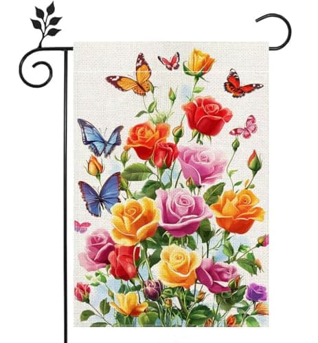 Rose Flowers Garden Flag Spring Summer Colorful Floral Butterfly Welcome Yard Outdoor Flag Double Sided 12x18 Inch