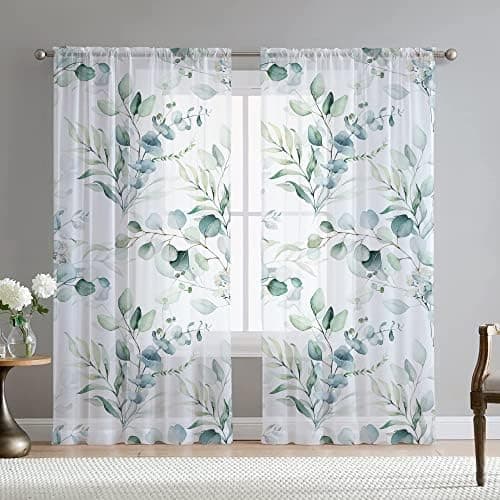 Fereyis Green Eucalyptus Leaves Curtains for Living Room 63 inch Length 2 Panels Set Elegant Floral Plant Spring Printed Window Curtain Natural Sheer Curtains Chiffon Drapes for Bedroom