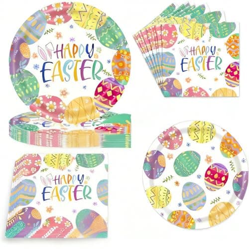 Nittlefes 150PCS Easter Paper Plates，Easter Paper Plates and Napkins Disposable Party Supplies Set for 50 Guests, Thickened Paper Tableware with Colorful Eggs Design for Easter Party Decorations