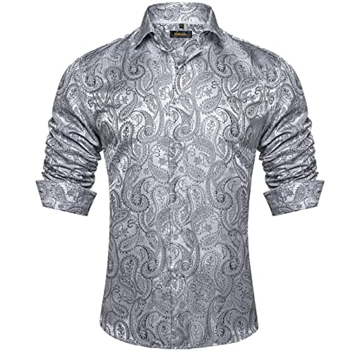 DiBanGu Mens Dress Shirt Silk Paisley Long Sleeve Button Down Shirt for Men with Collar Pin Brooch Causal Shirt Wedding Party,03 Silver,Medium