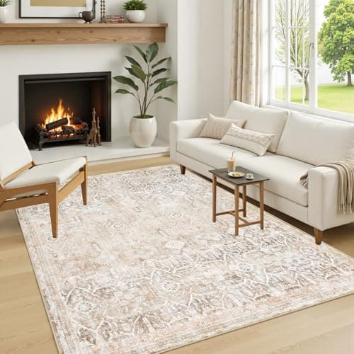 Collive Area Rug for Living Room 5x7, Machine Washable Neutral Farmhouse Rugs for Bedroom, Soft Non-Slip Low Pile Indoor Floor Accent Carpet for Office Entryway Nursery Dining Room - Beige