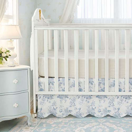 Brandream Scallop Edge Cotton Crib Skirt, Baby Girl, French Country Blue Toile Crib Skirt Toddler Bedskirt Farmhouse Chic Nursery Crib Bed Skirt, Boho Bohemian Vintage Grandmillennial Floral Print