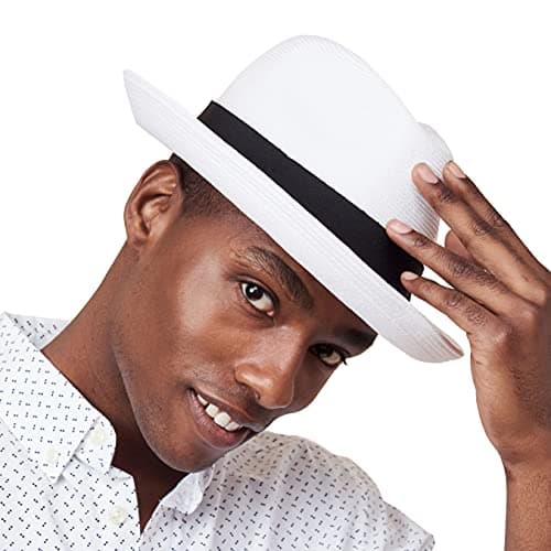 Pineapple&Star Genoa Fedora Bucket Sun Straw Beach Hat Fine Braid UPF50+ Unisex (Large, White_bowbk)