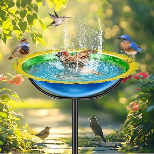 Metal Bird Bath for Outside, Garden Birdbath Bowl Freestanding Bird Feeders for Outdoors with 4 Prongs Base Stake, Standing Birdfeeders for Yard Lawn Decor (Blue Yellow)