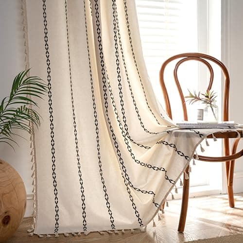 Lavyhuno Boho Curtains 63 Inches Long for Bedroom Kitchen, Bohemian Fall Striped Embroidery Light Filtering Cotton Darkening Window Treatment with Tassels, Rod Pocket Drapes, 52W x 63L,1 Panel Black
