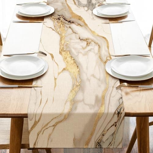 Croar White Gold Marble Texture Dining Table Runner, Modern Abstract Fluid Art Geometric Burlap Kitchen Decoration, Luxury Indoor Outdoor Home Decor Party Supply 13 x 72 Inches