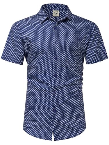 Hardaddy Men's Pattern Short Sleeve Button Down Graphic Printed Business Casual Dress Shirts with Pocket Drak Blue 01 XXL