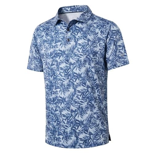 Golf Shirts for Men Dry Fit Short Sleeve Print Performance Moisture Wicking Polo Shirt Blue Leaf