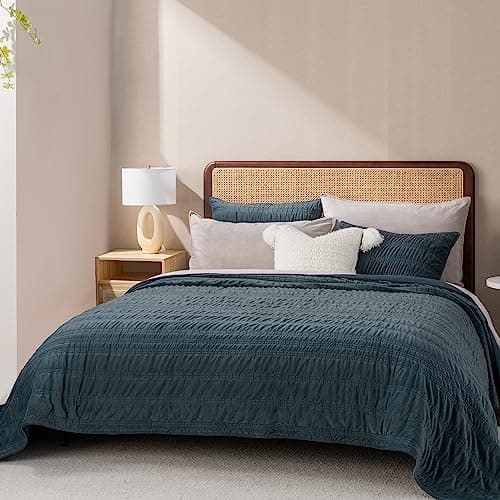 EverGrace Luxury Ruched Velvet Quilt Set, Queen Size, Stormy Blue
