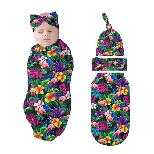 Tropical Flamingo Swaddle Blankets Newborn Receiving Blanket Baby Swaddle Wrap with Headband Hat Set for Baby Girls Boys
