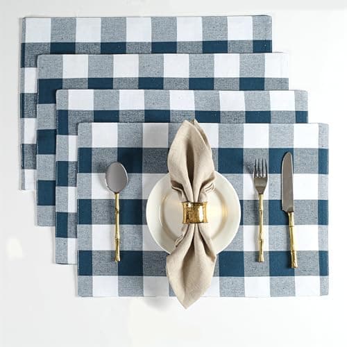 Native Fab Cotton Placemat 13x19 inches, Heat Resistant, Buffalo Plaid Placemats Set of 4, Decorative Reversible Check Pattern Placemats for Dining Decor, Kitchen, Teal Green White
