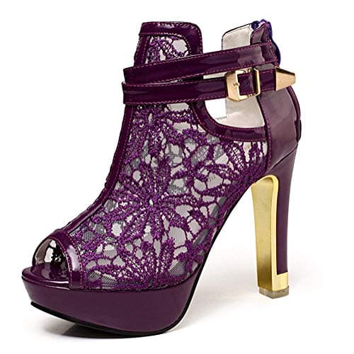 getmorebeauty Women's Pretty Lace Flowers Open Toes High Heels Ankle Boots (5, Purple)