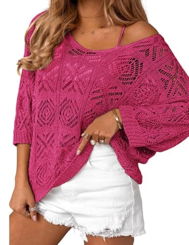 Zeagoo Womens Summer Tops Crochet Summer Sweater Lightweight Hollow-Out Resort Wear for Women Rose Red