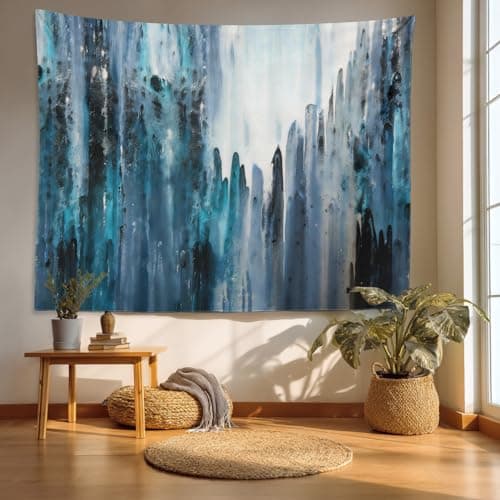 Batmerry Blue and White Tapestry, Abstract Blue Black Grey and White Painting Tapestry for Living Room Bedroom Walll Hanging Decorative 51.2x59.1 Inch