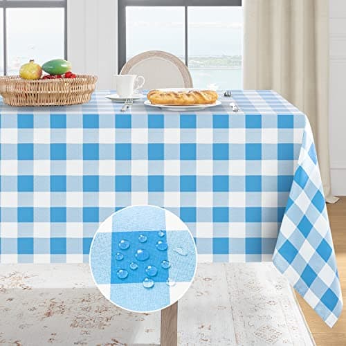 Softalker Gingham Checkered Tablecloth Rectangle - Outdoor Waterproof Buffalo Plaid Table Cloth, Stain Resistant Washable Table Cover for Picnic, Camping, Dining - Blue and White, 54 x 108 Inch