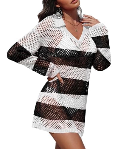 Ekouaer Beach Dresses for Women Crochet Bathing Suit Cover Ups Hollow Out Tops for Women Cover Up Dress Black Stripes L