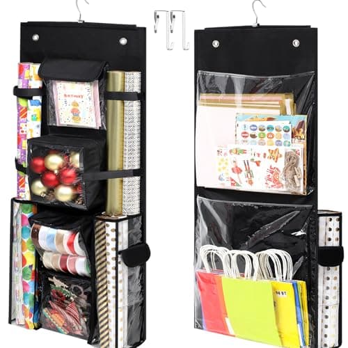 Hanging Gift Wrapping Paper Storage, 40x16 inch Double-Sided Gift Wrap Organizer Christmas Wrapper Paper Container, Craft Roll Organizer Behind The Door Storage Heavy Duty Oxford Gift Bag Holder
