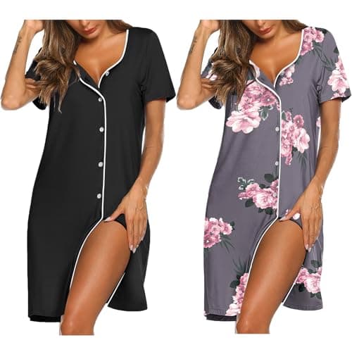 Ekouaer Nightgowns for Women 2 Pack Button Down Sleepshirt Short Sleeve Nightshirt Soft Sleepwear V Neck Pajama Dress Black/Grey Floral S