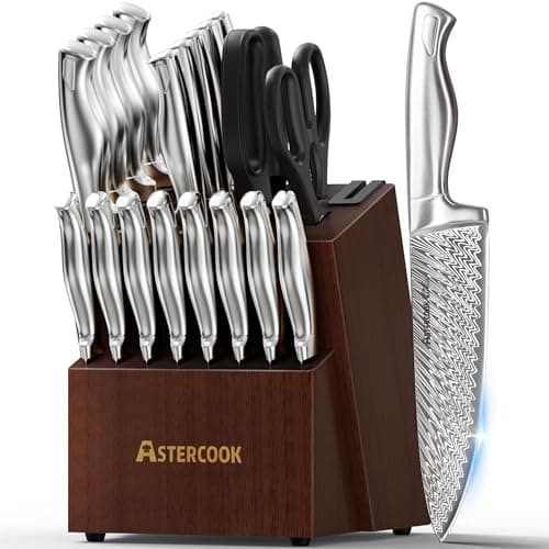 Knife Set, Astercook 21 Pieces Kitchen Knife Set with Built-in Sharpener, German Stainless Steel Knife Block Set, Razor-Sharp Knives with Full-tang Handle, Dishwasher Safe Kitchen Utensils Set