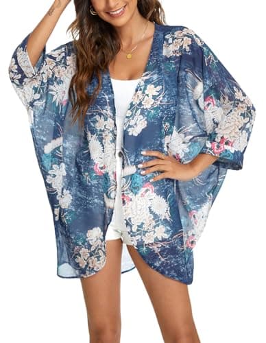olrain Women's Floral Print Sheer Chiffon 3/4 Bat Sleeve Casual Loose Kimono Cardigan Capes (Large, Blue Floral)