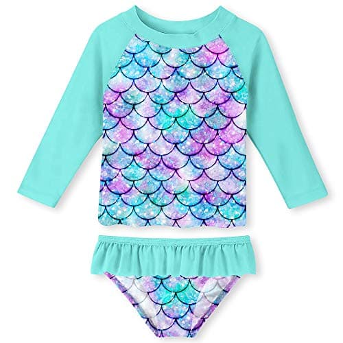Girls Swimsuit Rash Guard Two Pieces Swimwear 7-8T Fashion Mermaid Print Breathable Bathing Suit 9-10T