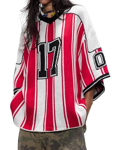 Aelfric Eden Oversized Sweaters Number Stripe Graphic Unisex Baggy Three-Quarter Sleeve Football Jersey Trendy Tops Red