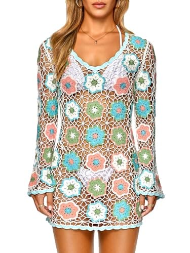 FAIRY SEASON Women's Crochet Beach Cover Up Boho Bell Sleeve Dress