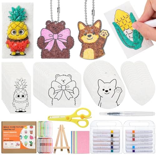 Magic Foam Texture Painting Kit with 65 Pcs: 3D Puffy Paint Art Supplies for DIY Crafts, Activities, Creative Gifts (30 Foam Textured Paper, 12 Markers, 2Waterpen, 20 Chains,1 easel, 1 scissors)