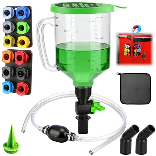20-Piece Engine Oil Funnel Kit, 1.59QT/1.5L Oil Funnel Set with 12 Adapters, Siphon Hose Pump, Towel, Elbow Fitting, Arrow Screen and Magnetic Storage Hooks Tray, Compatible with GM/Ford/BMW/Audi Etc.
