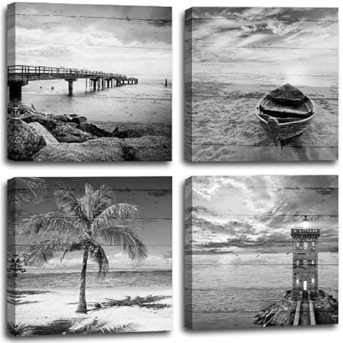 Yxbhhym- Black and White Beach Wall Art Seascape Scenery Canvas Wall Picture Print Sea Palm Poster Painting Office Décor Bedroom Bathroom Wall Art Living Room Home Kitchen Wall Decoration Framed