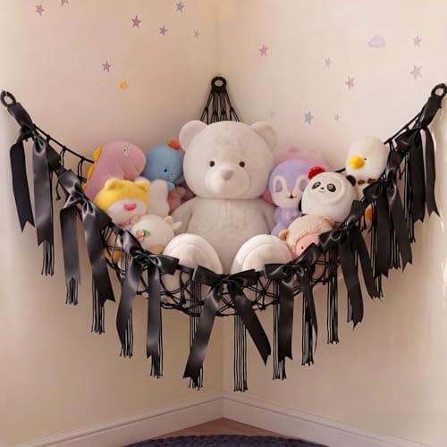 Basumee Stuffed Animals Storage Hammock with DIY Bows & LED Lights Hanging Toy Organizer for Stuffed Animals Large Corner Plushie Net for Kids Girls Room Decor Aesthetic Toy Hammock with Bowknots
