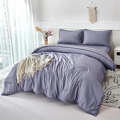 PERFEMET 5-Piece Purple Bed in A Bag Queen Size Boho Cute Grayish Purple Pom Pom Comforter Set with Sheets Soft Lightweight Girls Bedding Set(Grayish Purple, Queen)