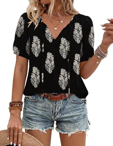 LOMON Womens Boho Tops Casual V-Neck 3/4 Sleeve Peasant Blouses Linen Shirt Tie Front Flowy Clothes (Black Apricot Floral,XXL)