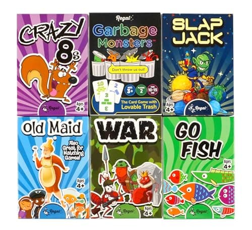 Regal Games Card Games for Kids - Go Fish, Crazy 8's, Old Maid, Slap Jack, Garbage Monster, War - Simple & Fun Classic Family Table Games - Games May Vary (6 Set)