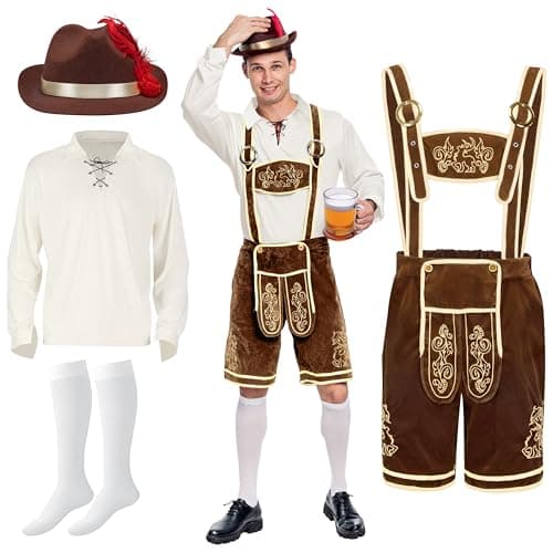 Spooktacular Creations Halloween Men Oktoberfest Costume Set, Lederhosen Men with German Bavarian Hat, Beer Costume, Adults Halloween Brown Outfit for Beer Festival Party (XX-Large)